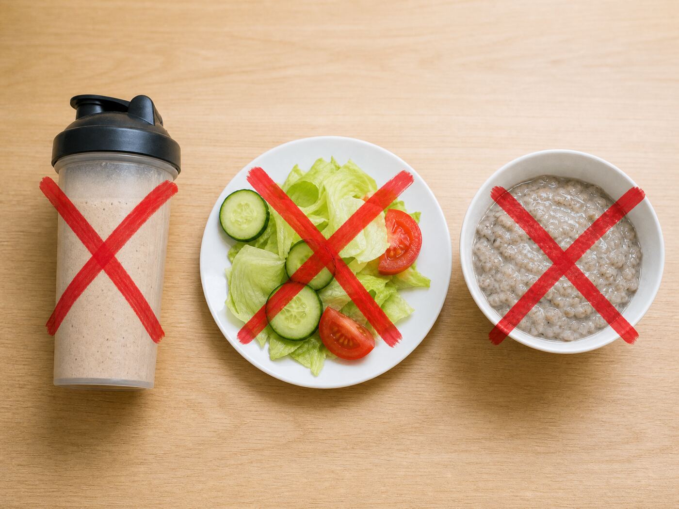 Shake-Dose, Salat-Diätteller und Schüssel grauer Brei, jeweils mit rotem X durchgestrichen