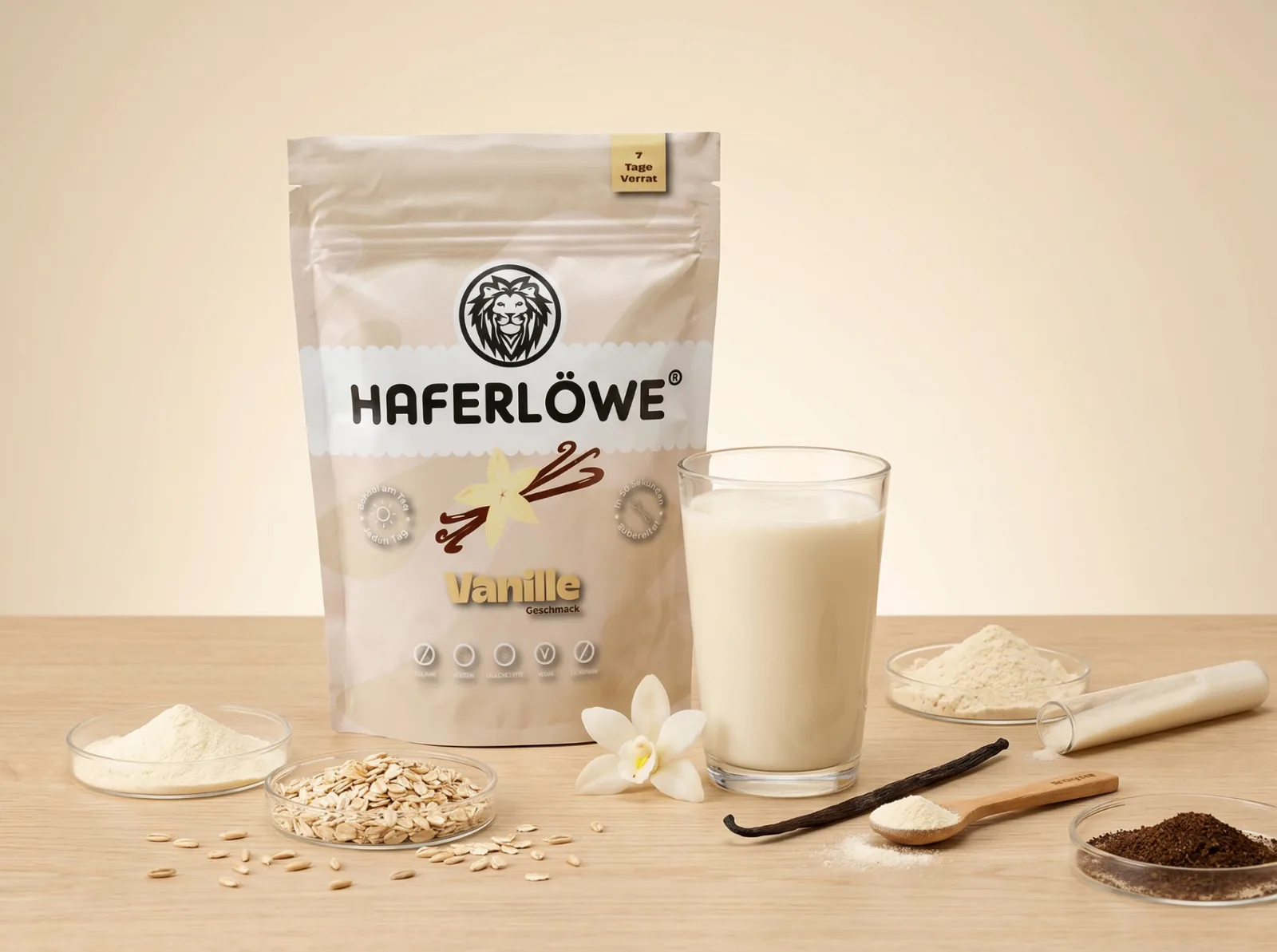 HAFERLÖWE Vanille-Beutel mit cremigem Shake im Glas, daneben Haferflocken, Vanilleschote und Zutaten auf hellem Holztisch
