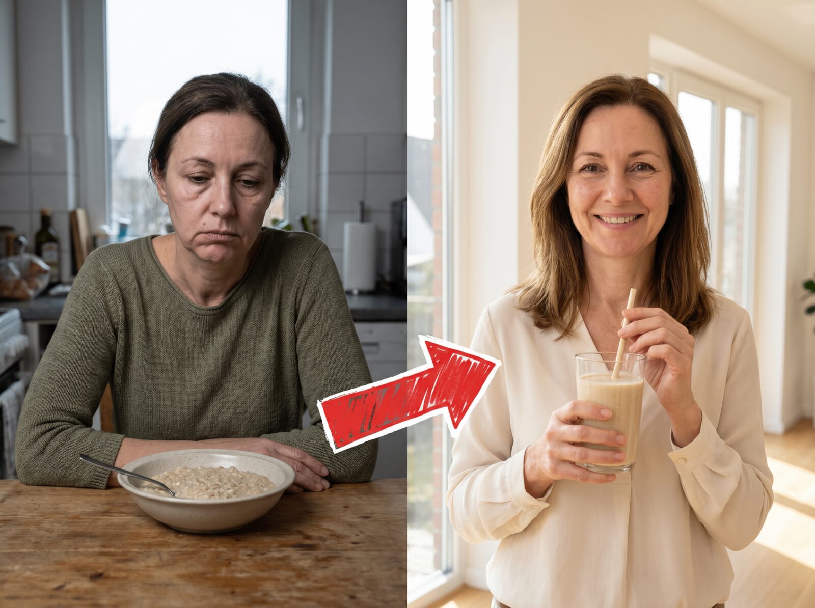 Vorher–Nachher: Frau Mitte 50 müde mit Haferbrei vs. zufrieden mit Shake