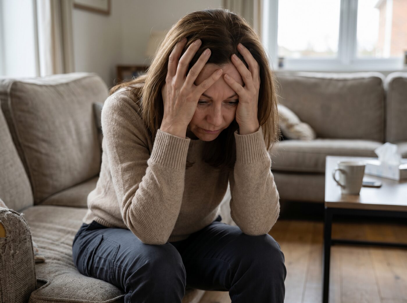 Frau Mitte 50 sitzt erschöpft auf dem Sofa, Hände am Kopf