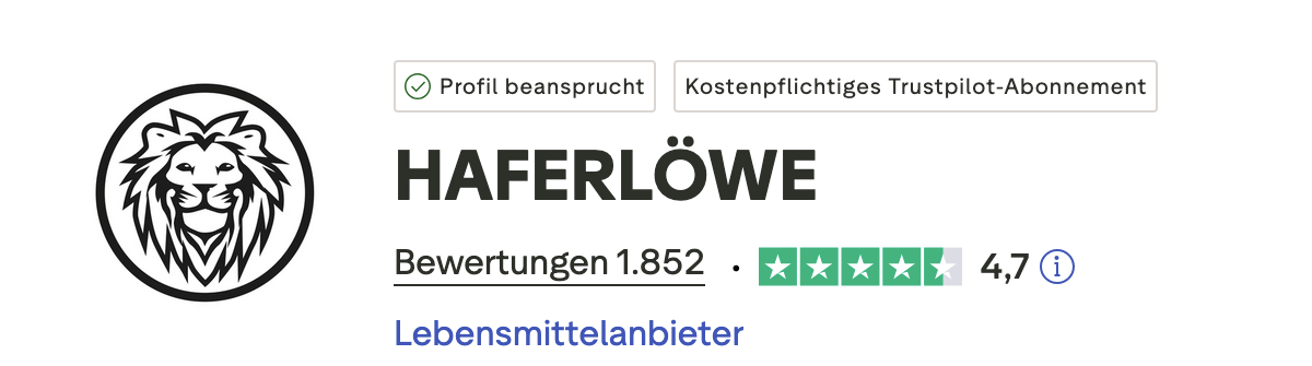 Trustpilot-Profil von HAFERLÖWE: 4,7 von 5 Sternen bei 1.852 Bewertungen